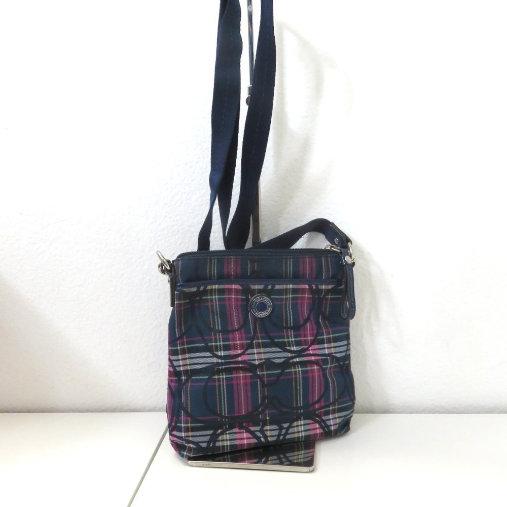 Coach Purple Navy Tartan Plaid Poppy CC Silver Glitter Crossbody Bag